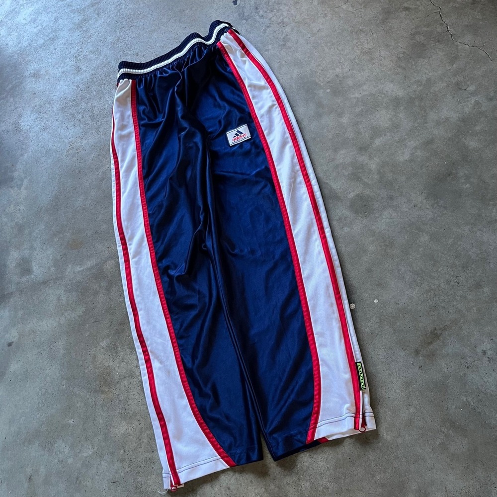 Vintage Adidas Track Pants Mens M Navy Blue White Red Tear Away Snap Buttons 90s